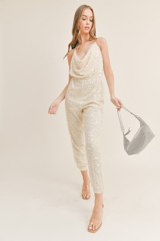 COWL NECK OPEN BACK SEQUIN JUMPSUIT