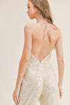 COWL NECK OPEN BACK SEQUIN JUMPSUIT