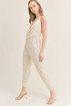 COWL NECK OPEN BACK SEQUIN JUMPSUIT