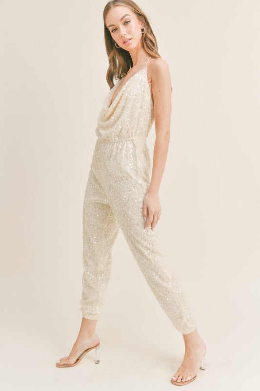 COWL NECK OPEN BACK SEQUIN JUMPSUIT