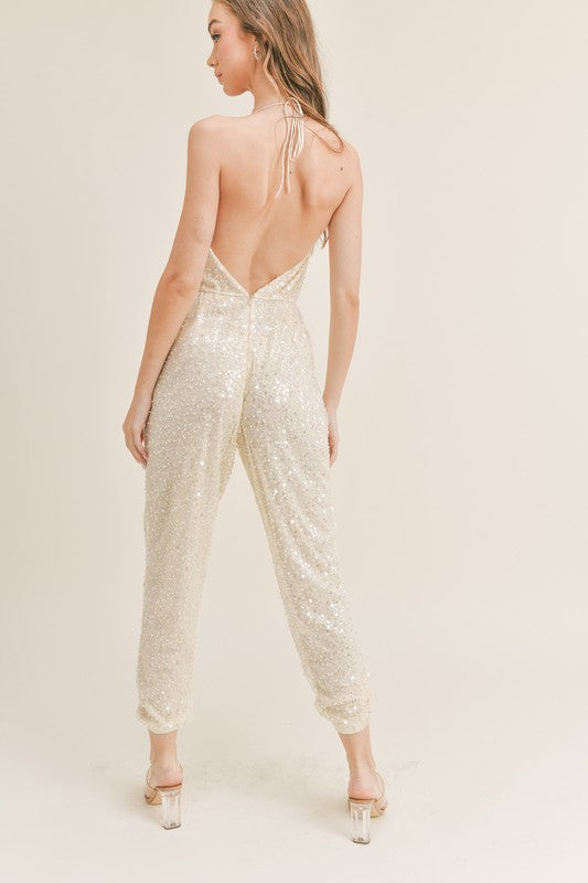 COWL NECK OPEN BACK SEQUIN JUMPSUIT