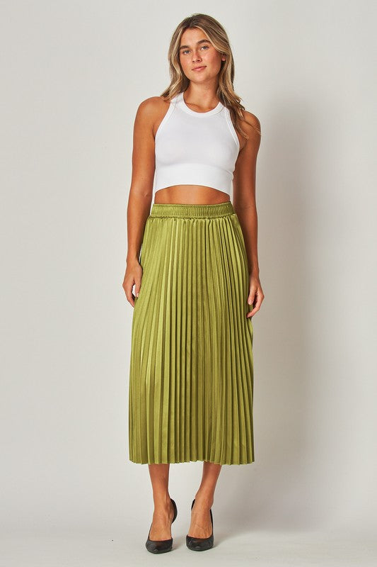 OLIVE SATIN PLEATED SKIRT