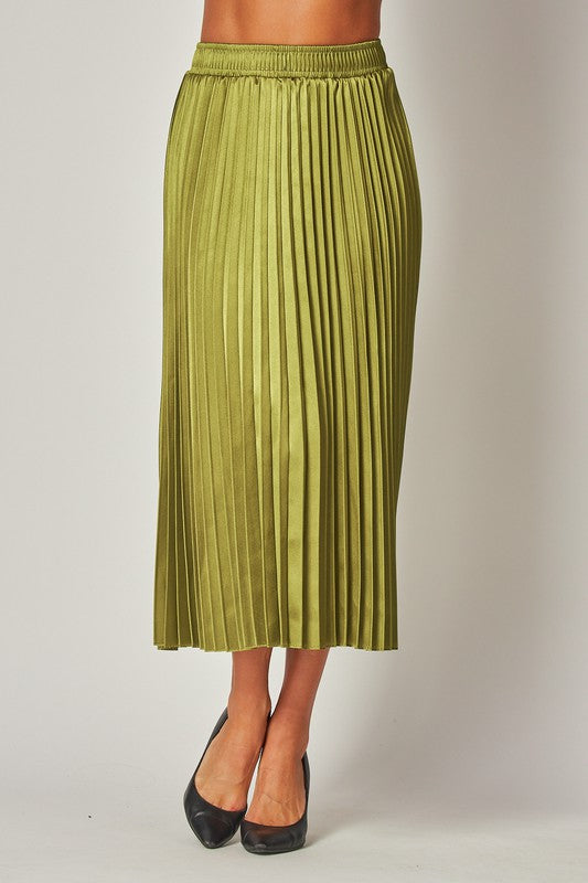 OLIVE SATIN PLEATED SKIRT