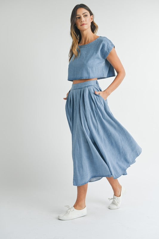 DENIM CROP TOP AND MIDI SKIRT SET