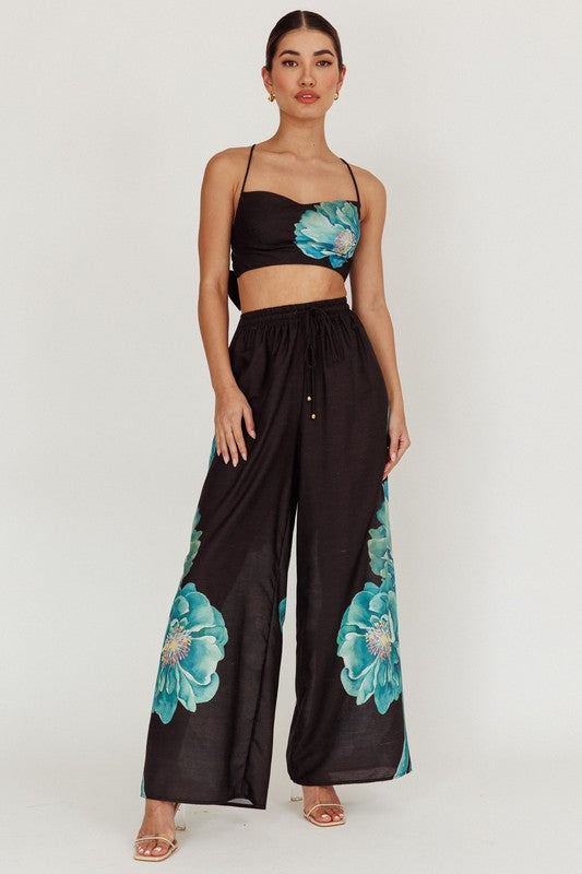 TWO PIECE FLORAL BLACK PANT SET