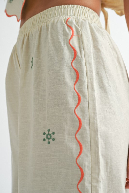 LINEN EMBROIDERED SCARF TOP AND PANTS SET