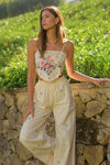 LINEN EMBROIDERED SCARF TOP AND PANTS SET