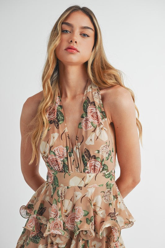 TAUPE HALTER FLORAL MAXI