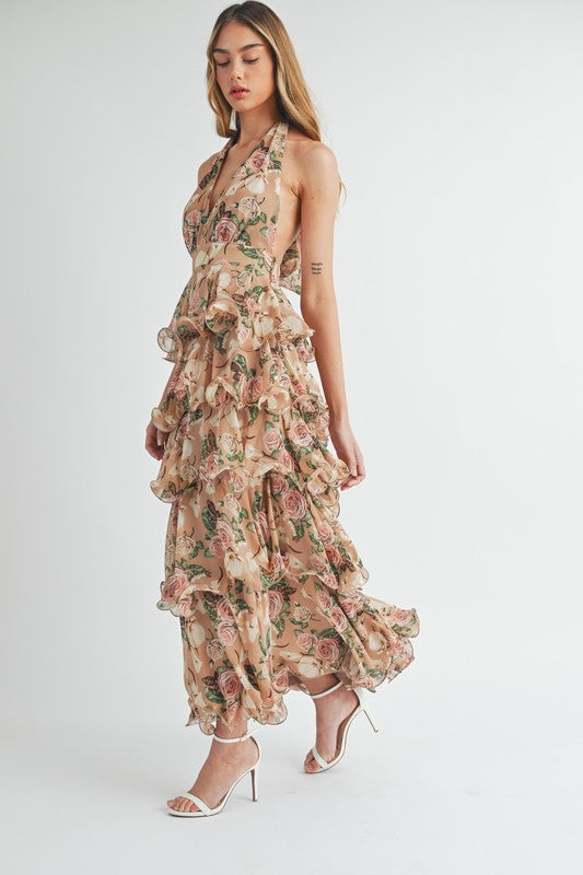 TAUPE HALTER FLORAL MAXI