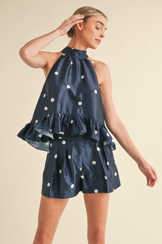 POLKA DOT HI LOW RUFFLED HALTER TOP AND SHORTS SET