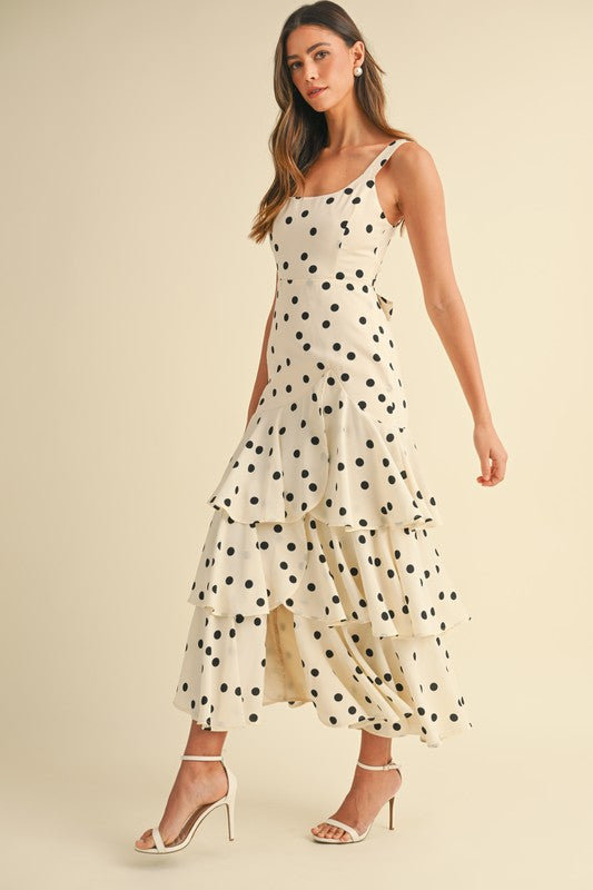 CREAM POLKA DOT TIERED MIDI