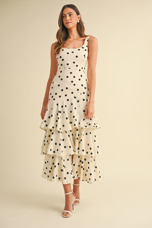 CREAM POLKA DOT TIERED MIDI