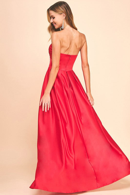 RED PLEATED BUST GOWN