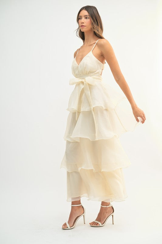 ORGANZA DEEP V-NECK TIERED RUFFLE MIDI DRESS