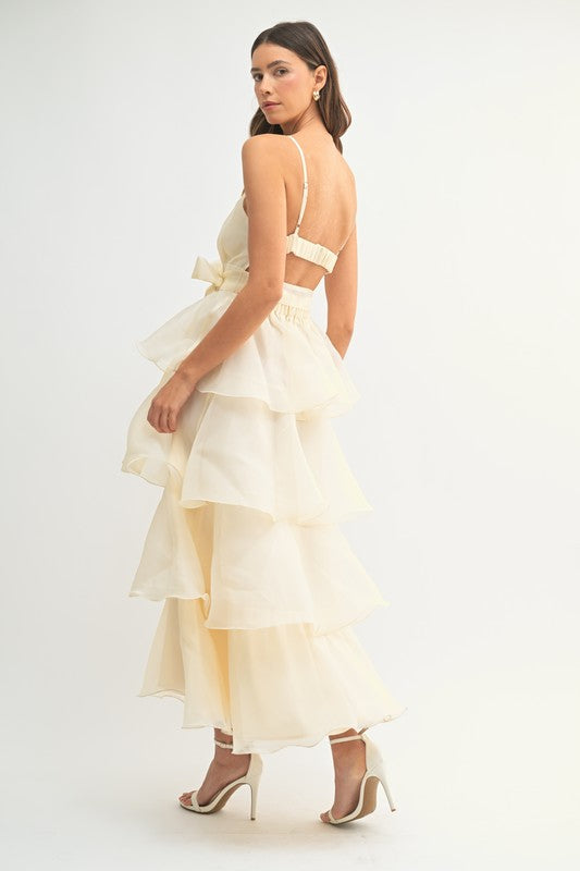 ORGANZA DEEP V-NECK TIERED RUFFLE MIDI DRESS