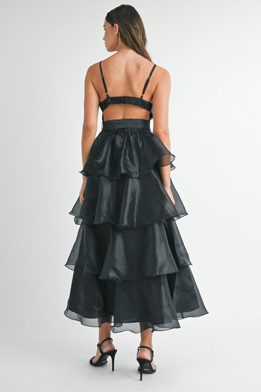 ORGANZA DEEP V-NECK TIERED RUFFLE MIDI DRESS