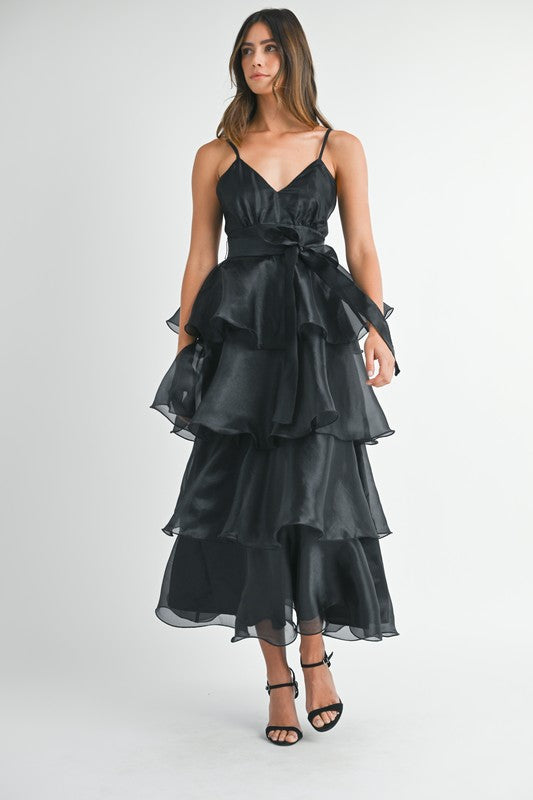 ORGANZA DEEP V-NECK TIERED RUFFLE MIDI DRESS