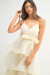 ORGANZA DEEP V-NECK TIERED RUFFLE MIDI DRESS