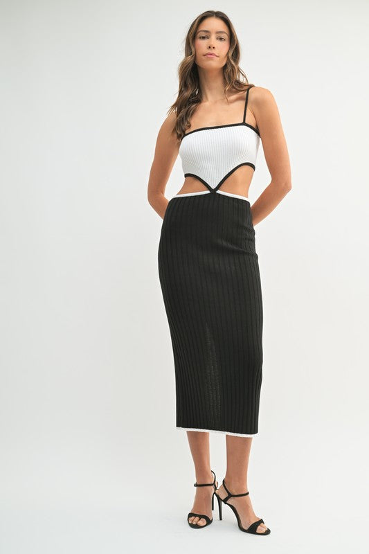 RIBBED KNIT COLOR BLOCK CUTOUT MIDI