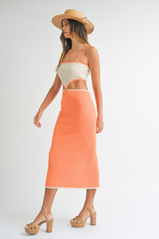 RIBBED KNIT COLOR BLOCK CUTOUT MIDI