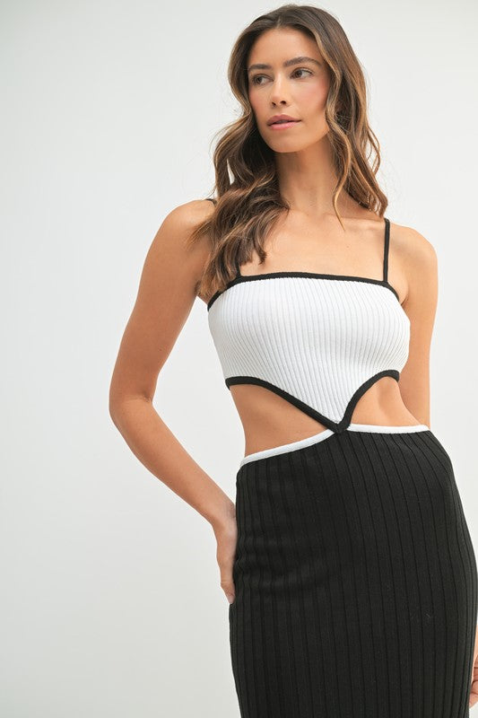 RIBBED KNIT COLOR BLOCK CUTOUT MIDI