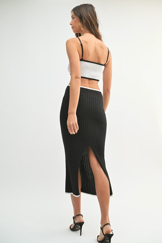 RIBBED KNIT COLOR BLOCK CUTOUT MIDI