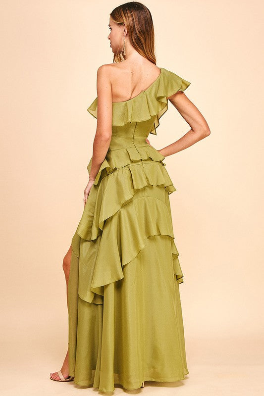 OLIVE RUFFLE ONE SHOULDER GOWN