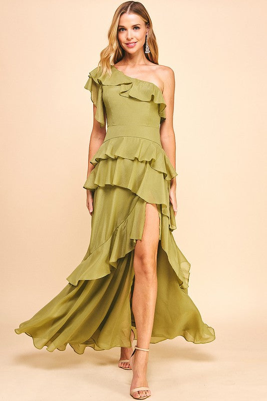 OLIVE RUFFLE ONE SHOULDER GOWN