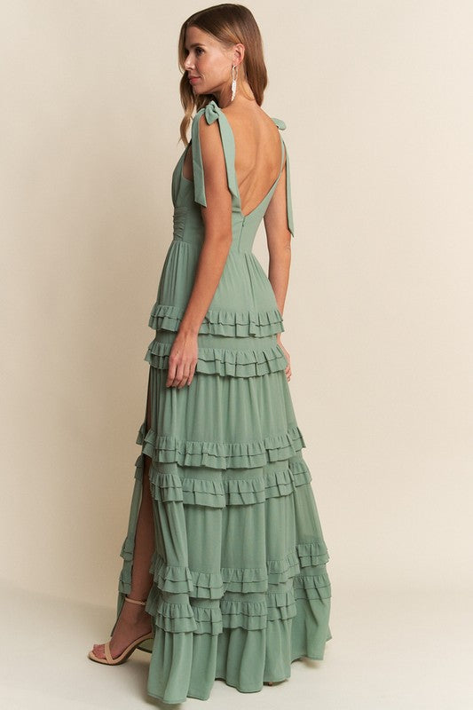 SAGE RUFFLE TIE GOWN