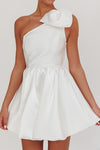 WHITE ONE SHOULDER BOW TIE DRESS