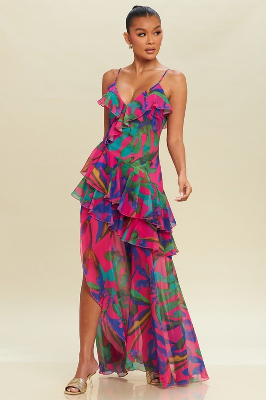 PALM RUFFLE CHIFFON DRESS