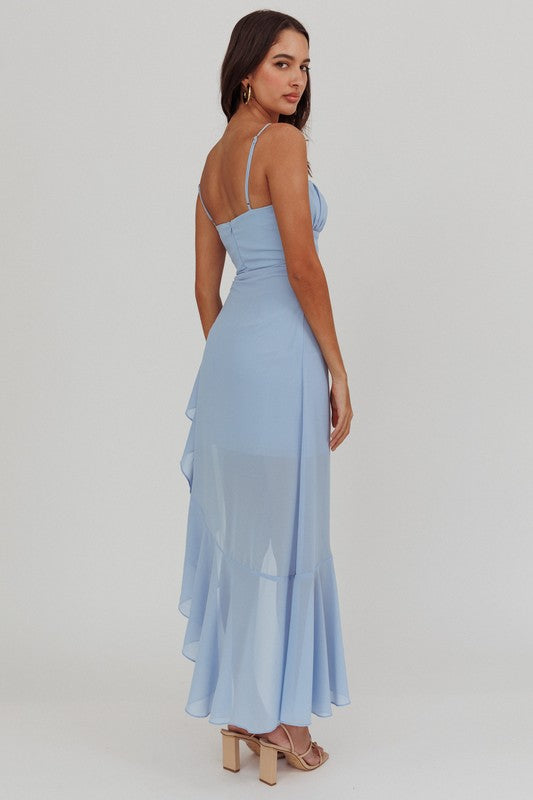 STEEL BLUE ASYMMETRICAL RUFFLE MAXI