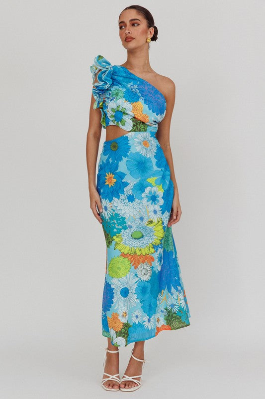 BLUE ASYMMETRICAL FLORAL MIDI DRESS