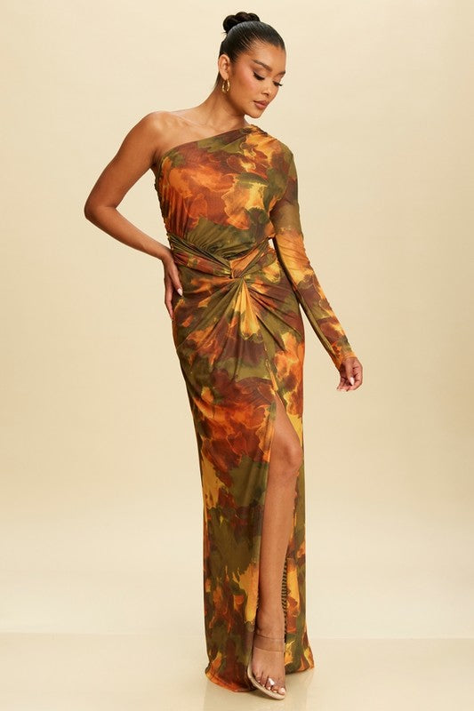 OLIVE PRINT MESH ONE SHOULDER MAXI