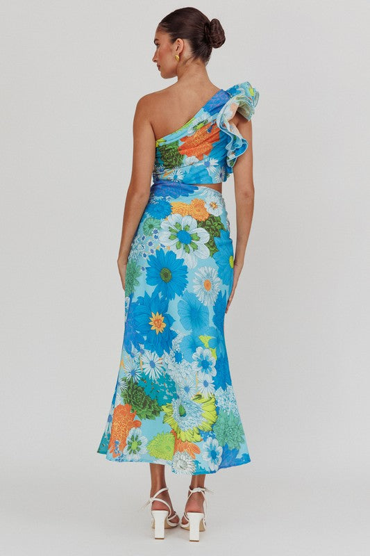 BLUE ASYMMETRICAL FLORAL MIDI DRESS