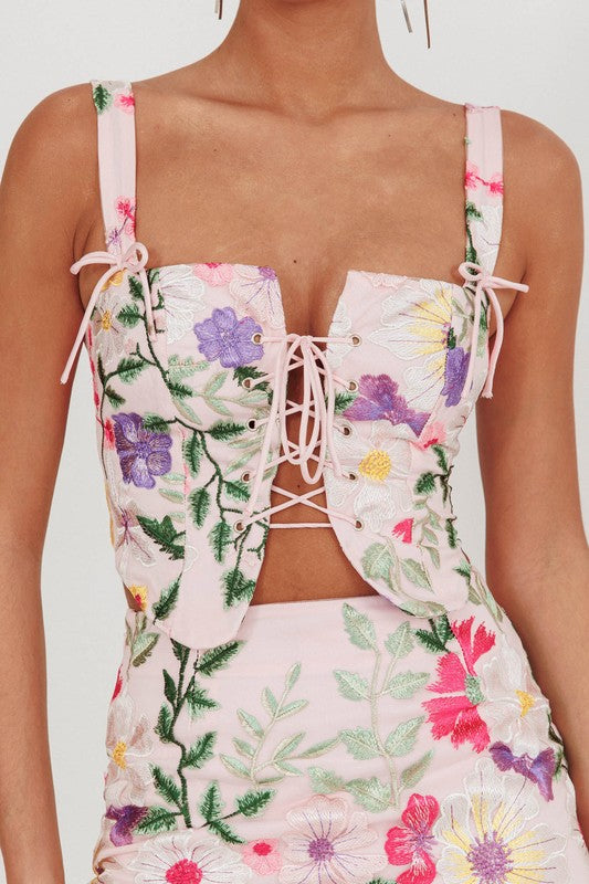 FLORAL LACE UP TWO PIECE MINI SET