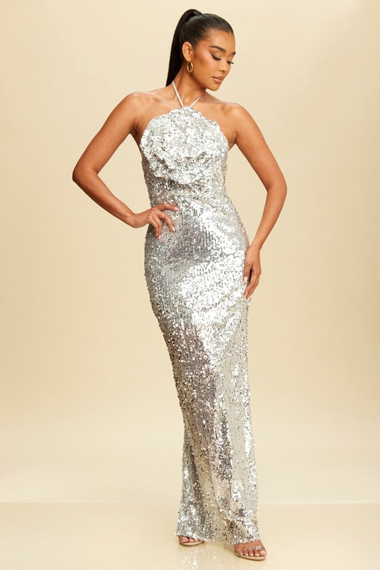 SILVER FLOWER SEQUIN GOWN