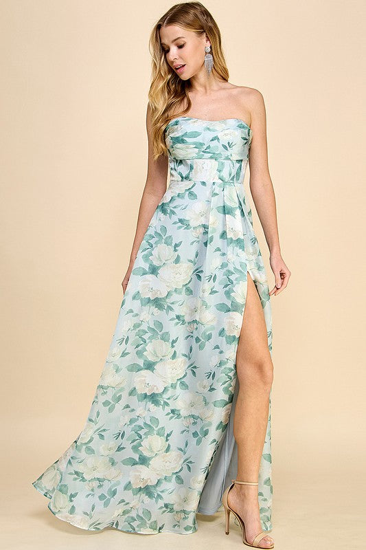 FLORAL ORGANZA SLIT MAXI DRESS