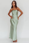 PISTACHIO STRAPLESS SATIN MAXI