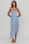 STEEL BLUE ASYMMETRICAL RUFFLE MAXI