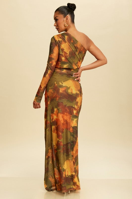 OLIVE PRINT MESH ONE SHOULDER MAXI