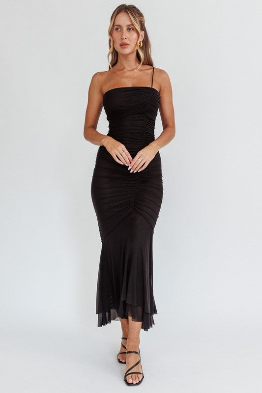 BLACK RUCHED ONE SHOULDER MIDI