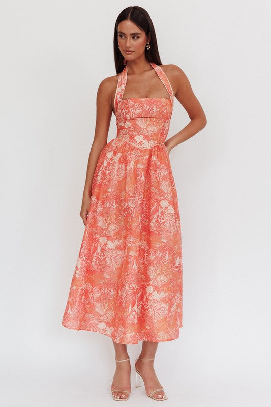 ORANGE PRINT SQUARE HALTER MAXI