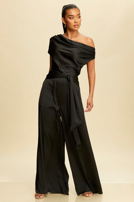 SATIN DRAPE TIE JUMPSUIT